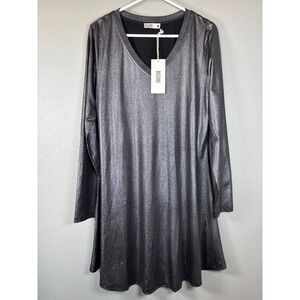 Desfios Women's Large V-Neck Metallic Long Sleeve Shift Dress Shiny Holiday NWT